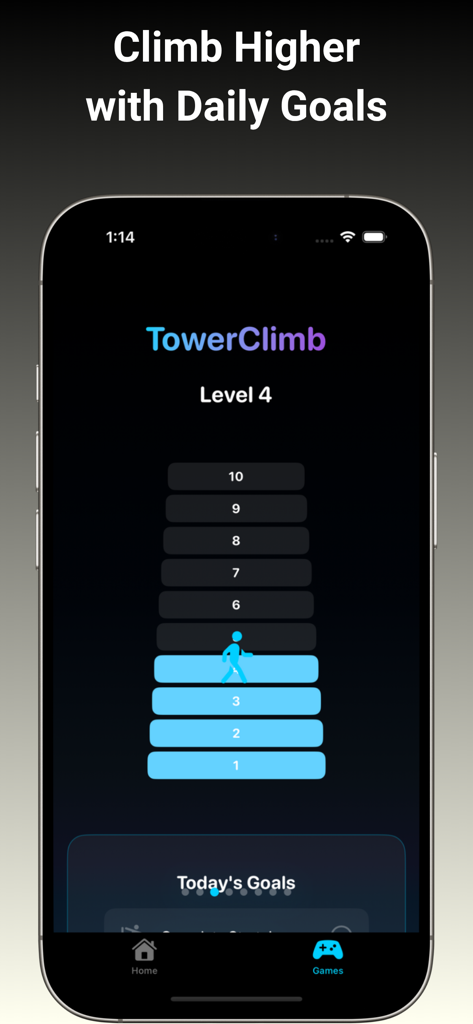 GenTallアプリのスクリーンショット。毎日の成長目標を追跡するためのTowerClimbゲーム化されたインターフェースを表示。
