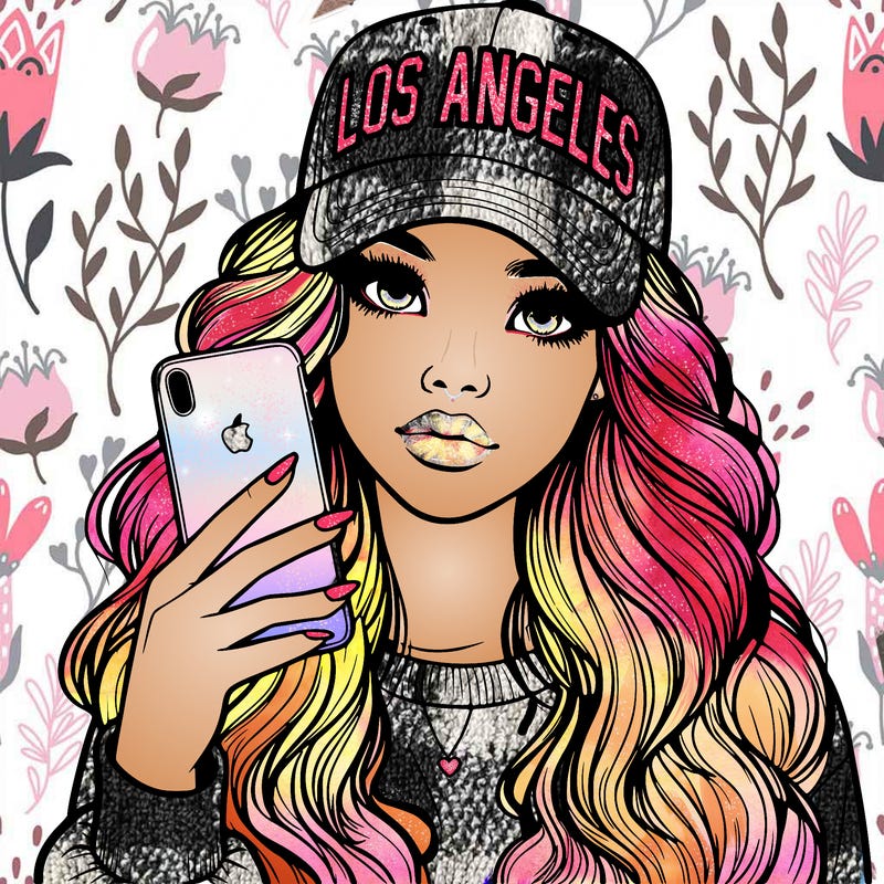 realistic beautiful girl wearing los ángeles cap holding an iphone