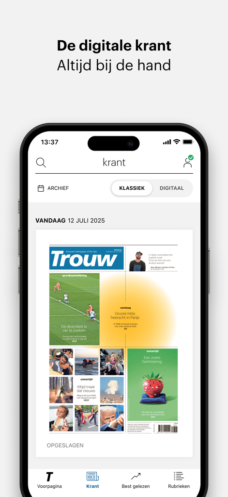 Aplicativo de notícias Trouw exibindo a edição do jornal digital em uma tela de smartphone