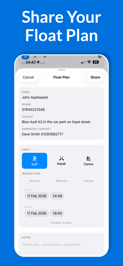 Paddle Check: Safe to Launch? - Paddle Check app interface showing a float plan form with contact details and craft selection