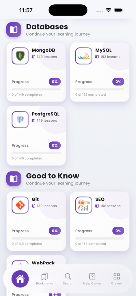 Interface de aplicativo móvel mostrando módulos de aprendizagem para bancos de dados como MongoDB e ferramentas de desenvolvimento como Git e SEO.