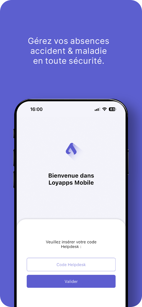 Loyapps Mobile - Welcome screen of the Loyapps Mobile app for managing employee absences and viewing payroll documents