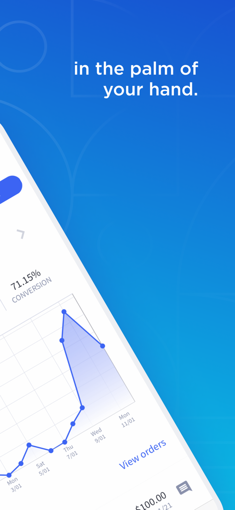 Dashboard dell'app mobile BigCommerce con un grafico delle prestazioni del tasso di conversione