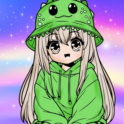 girl with anime shaped eyes with a dinosaur bucket hat oversized sweatshirt long straight hair