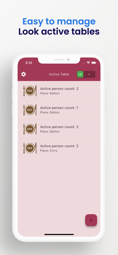Resto Cerme - Tela de gerenciamento de mesas ativas do aplicativo móvel Resto Cerme exibindo números de mesa, contagem de convidados e locais