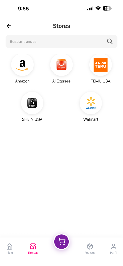 MamaSAN - Interfaz de la app MamaSAN mostrando tiendas internacionales disponibles, incluyendo Amazon, AliExpress, Temu, Shein y Walmart