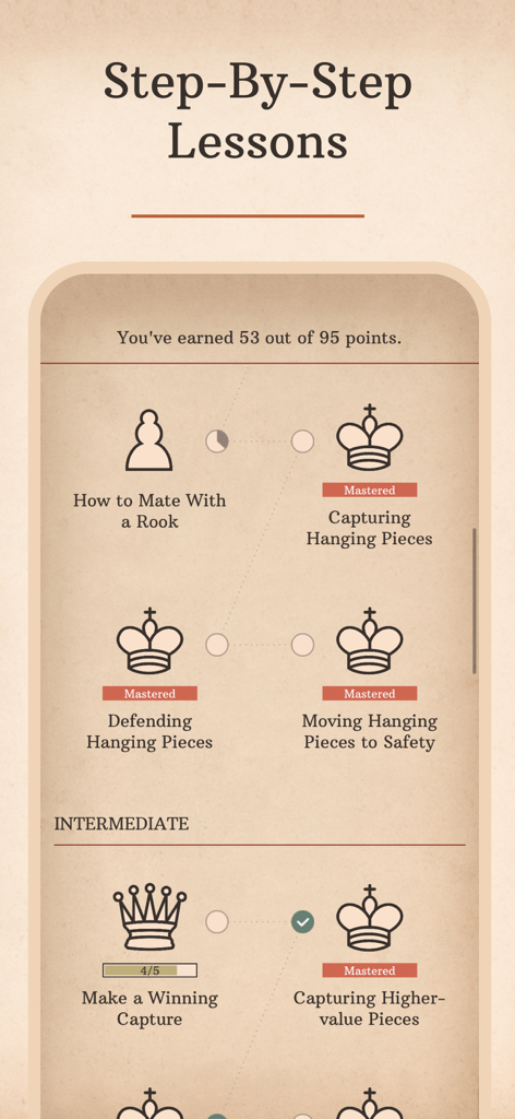 A screenshot of the Learn Chess with Dr. Wolf app showing a step-by-step lesson roadmap with various tactical modules.