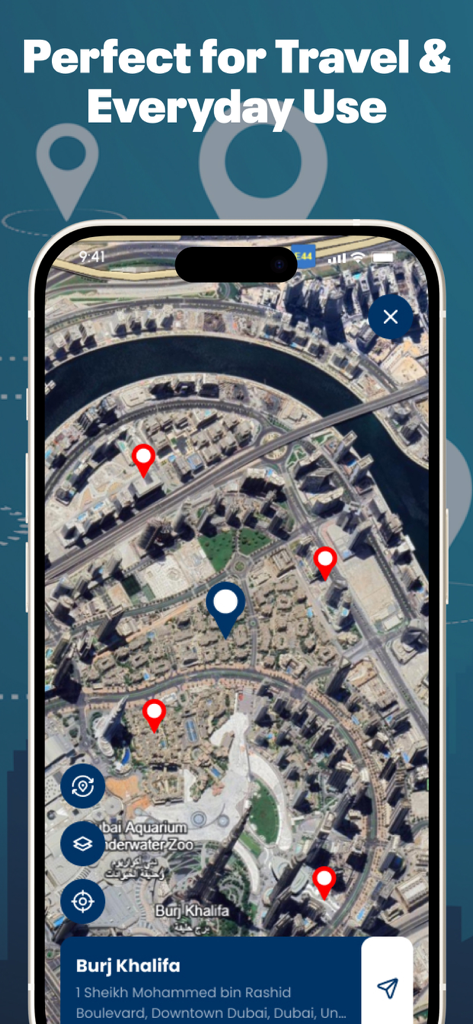 Carte satellite de Dubaï montrant des épingles sur des points de repère comme le Burj Khalifa