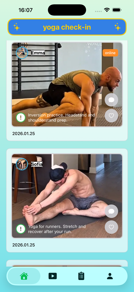 Azarr - A mobile interface of the Azarr app showing a yoga check-in feed with user-shared videos and photos of various yoga routines.