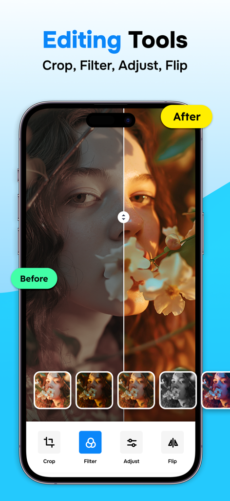 Gallery: Hide Photo Vault - Pantalla de smartphone mostrando herramientas de edición de fotos y comparación de filtros antes y después