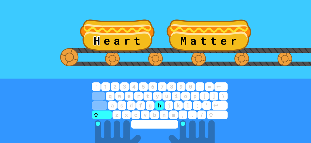 Typing Land mini game with hot dogs on a conveyor belt and keyboard finger placement guide