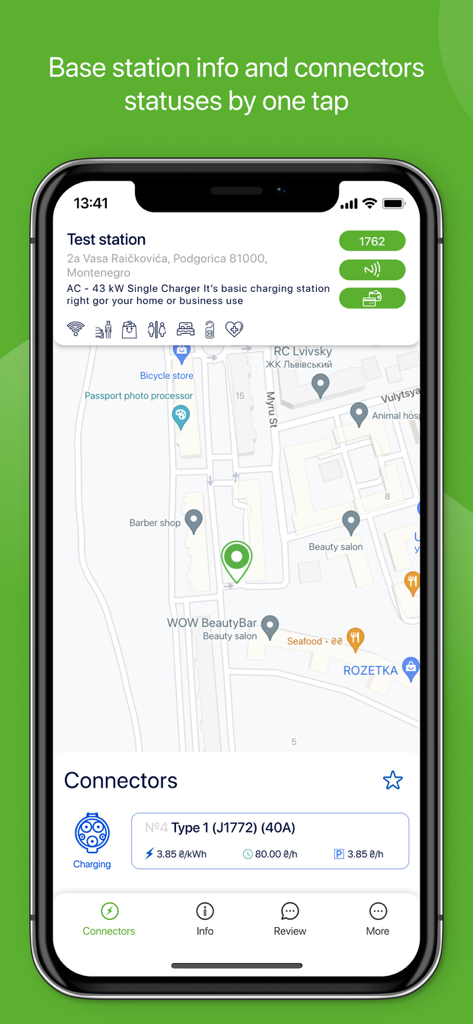Greencar.me Charge - Pantalla de la aplicación Greencar.me Charge que muestra detalles de la estación de VEs y el estado del conector