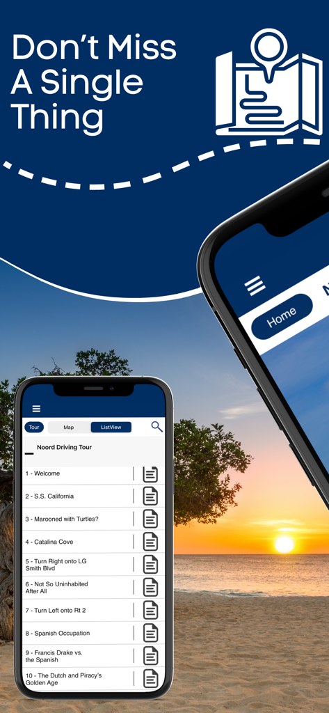 Aruba Self-Guided Island Tours - Noord Driving Tour itinerary on the Aruba Self-Guided Island Tours app with a beach sunset background