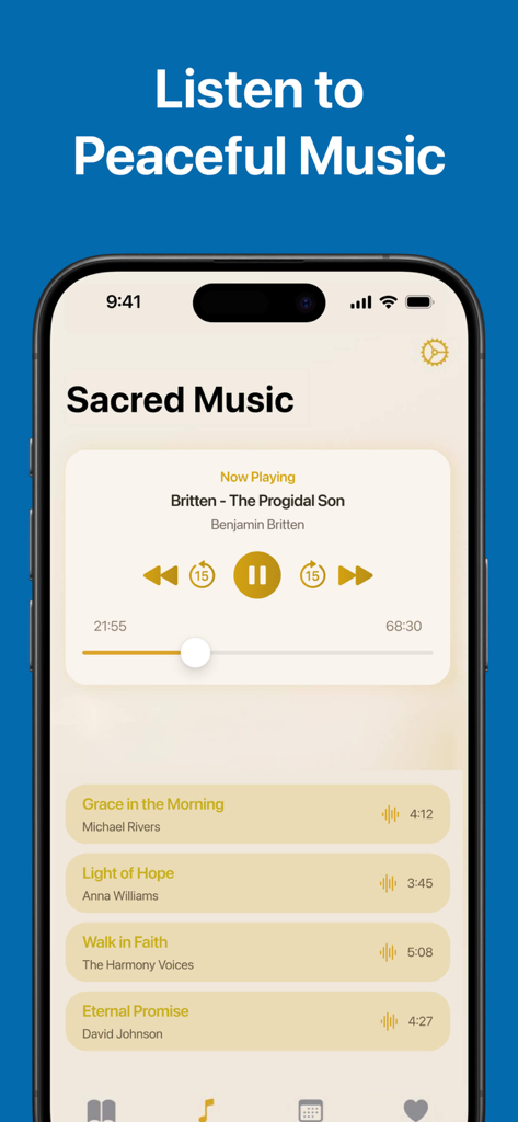 Bible Recap Tara Leigh Cobble - Interface of the Bible Recap app showing a playlist of sacred and peaceful music