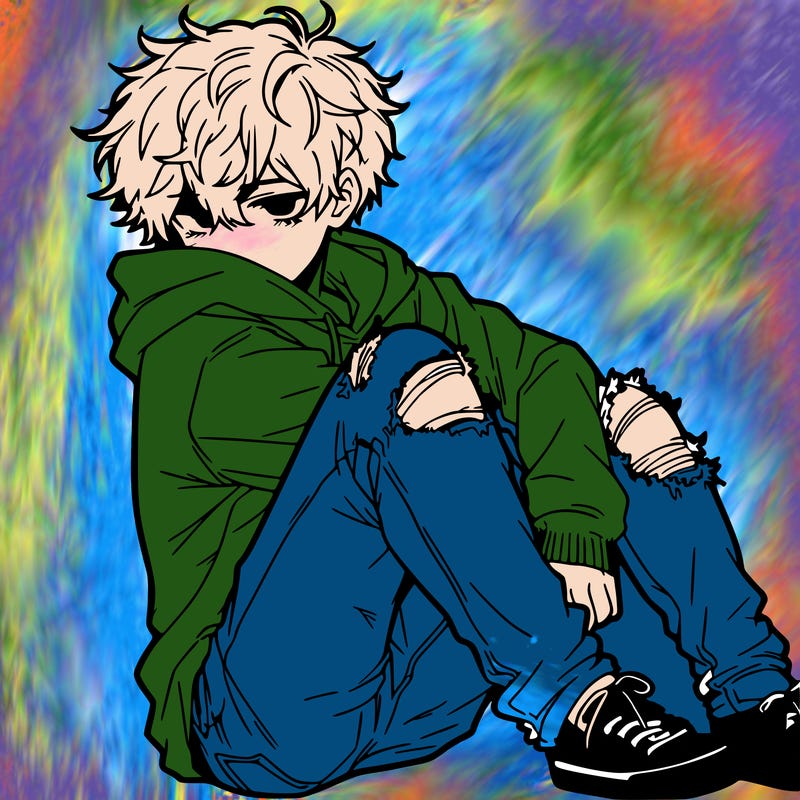 a male hoddie ripped jeans messy hair anime