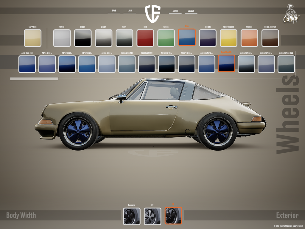 Vehicle Experts Configurator - A digital interface for customizing a Porsche with paint and wheel selection options.