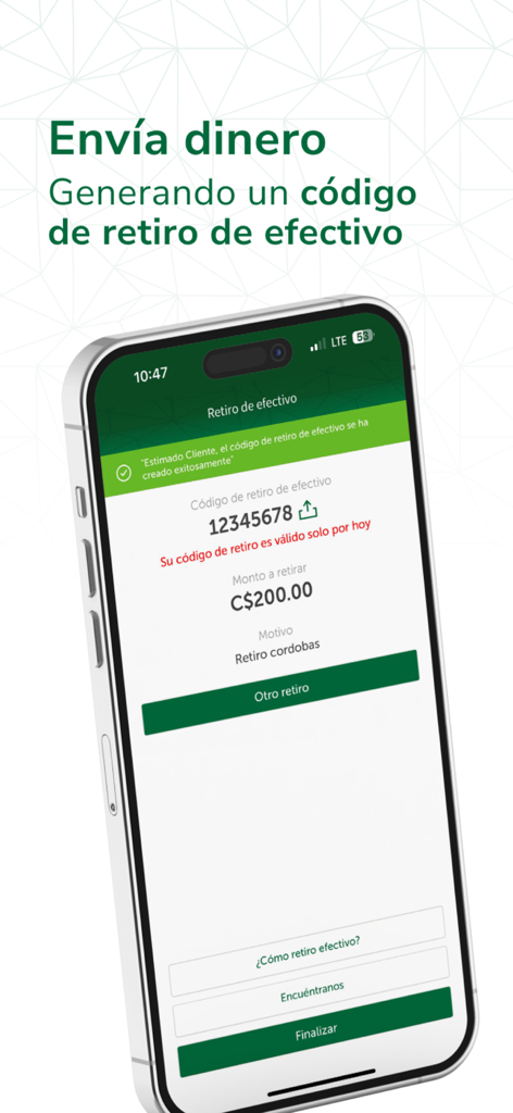 Interfaz de la aplicación Banca Móvil Banpro mostrando un código de retiro de efectivo por 200 córdobas