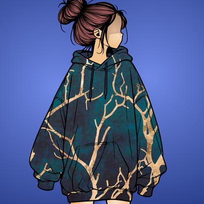 realistic girl with a oversized sweatshirt on and a bun