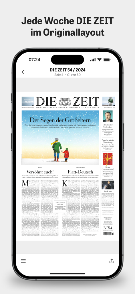 L'hebdomadaire DIE ZEIT dans sa mise en page originale sur un écran de smartphone