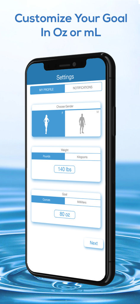 Daily Water Tracker Reminder - Pantalla de configuración en la aplicación Daily Water Tracker para personalizar el género, el peso y los objetivos de hidratación diarios en onzas o mililitros.