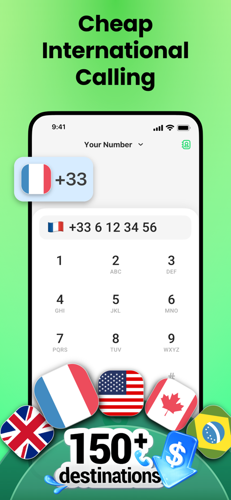 2nd Phone: SMS, Call, Verify - Screenshot of the 2nd Phone app interface highlighting cheap international calling to over 150 destinations with a phone dialer showing a French country code.
