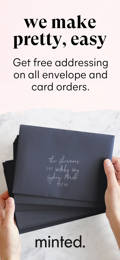 Minted: The Address Book - Hands holding a stack of navy blue envelopes with white handwritten addresses featuring promotional text for free addressing services