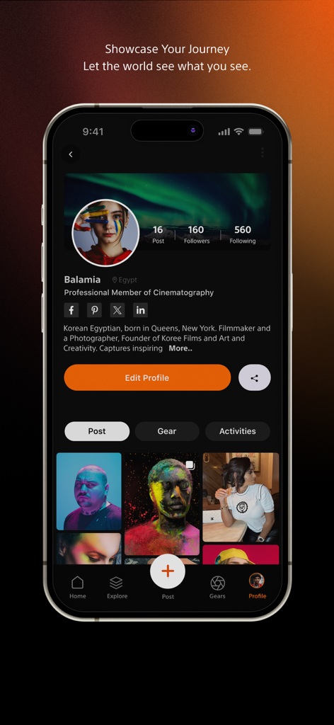 User profile interface of the Alpha Universe MEA app featuring a professional cinematographer portfolio and social media links