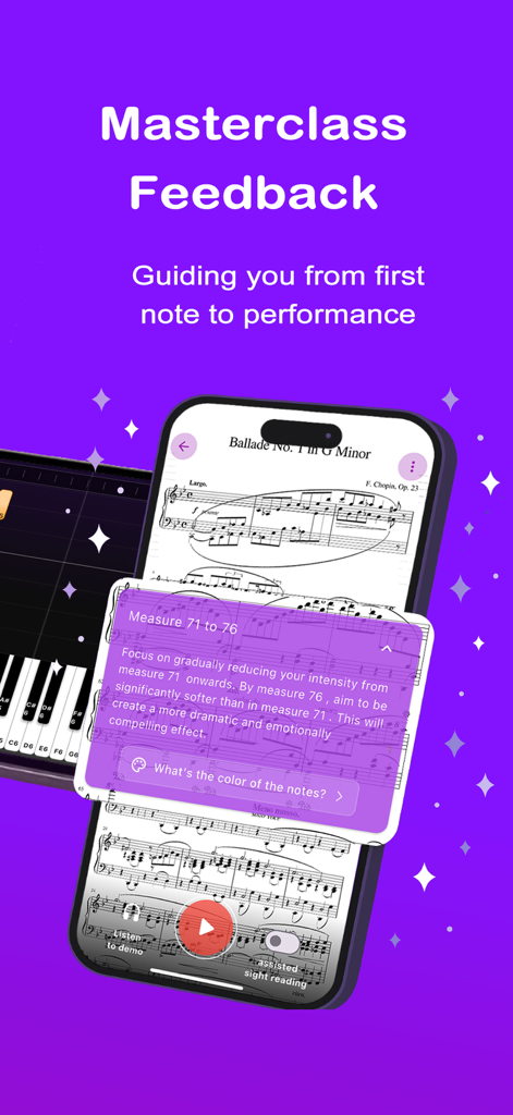 Harmono Piano: Play Any Song - Harmono Piano app interface showing masterclass feedback on dynamics and interpretation for sheet music