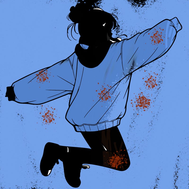 realistic girl jumping with a bun and oversized sweatshirt