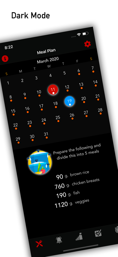 La aplicación de pérdida de peso económica Roman muestra un calendario de planes de comidas y una lista de preparación en modo oscuro.