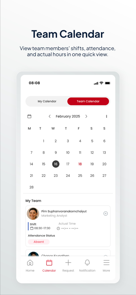 Tiger OpenSpace - Tiger OpenSpace team calendar interface showing employee shifts and attendance status