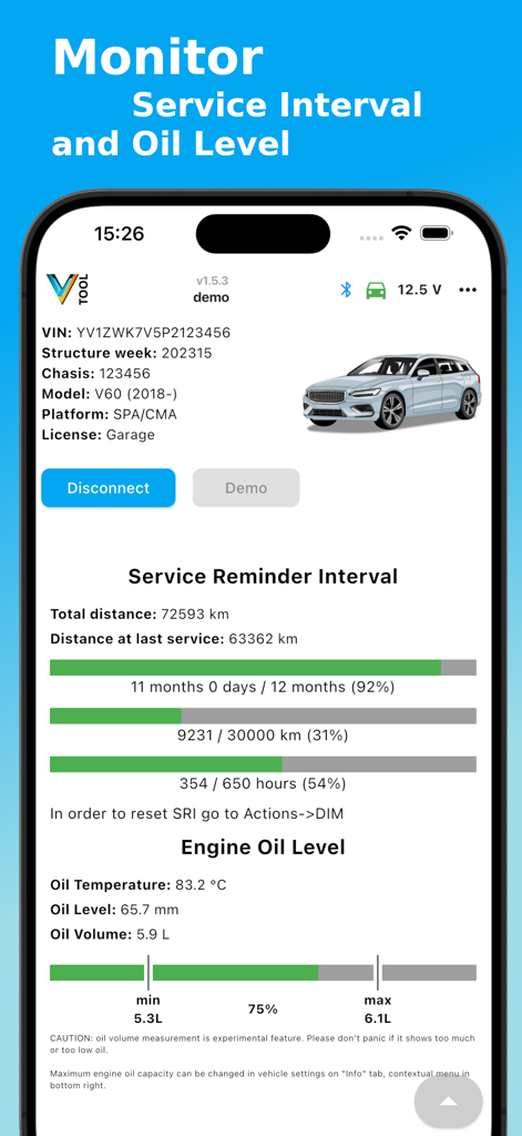 Interfaz de la aplicación V-Tool monitorizando el intervalo de servicio y el nivel de aceite del motor de Volvo