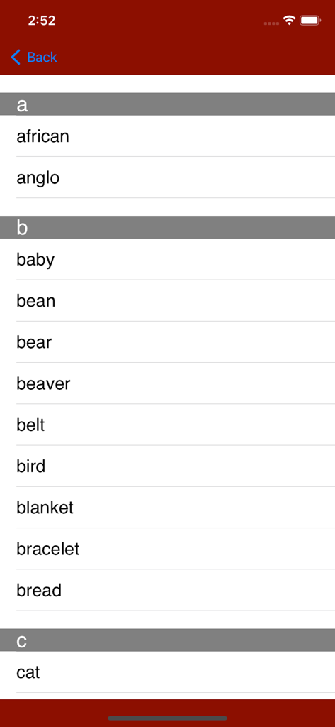 Lista alfabética de palabras en inglés en la aplicación de diccionario Speak Navajo