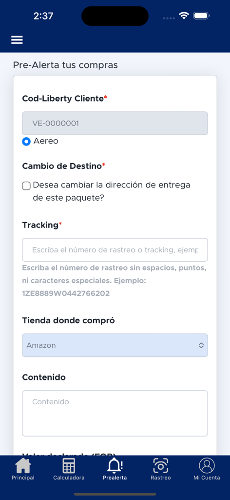 Interface of the Liberty Express App showing the pre-alert form to register a new international shipment including tracking and store details