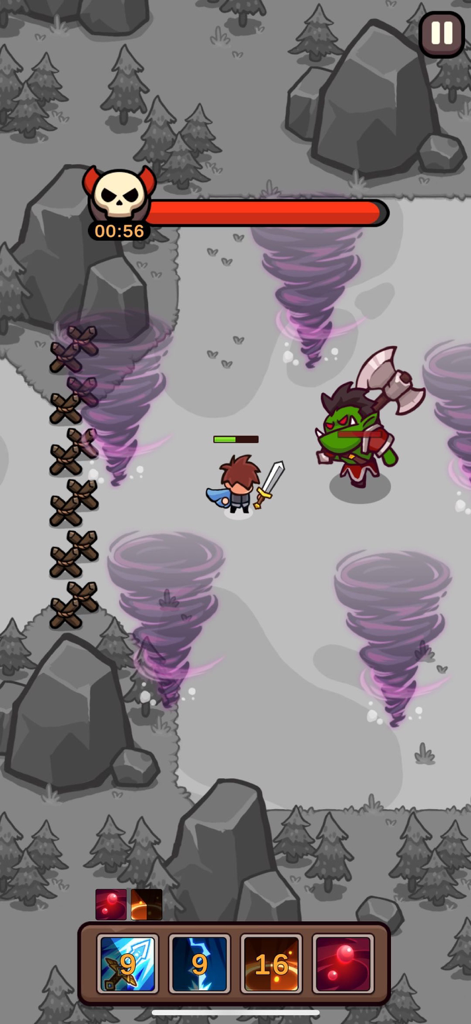 Hero battling an orc boss and dodging tornadoes in Loot and Boot action gameplay