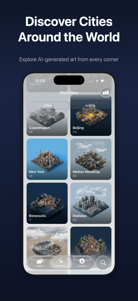 Atlantis AI - 3D Weather App - Discovery screen showing 3D AI-generated isometric city dioramas for different global locations