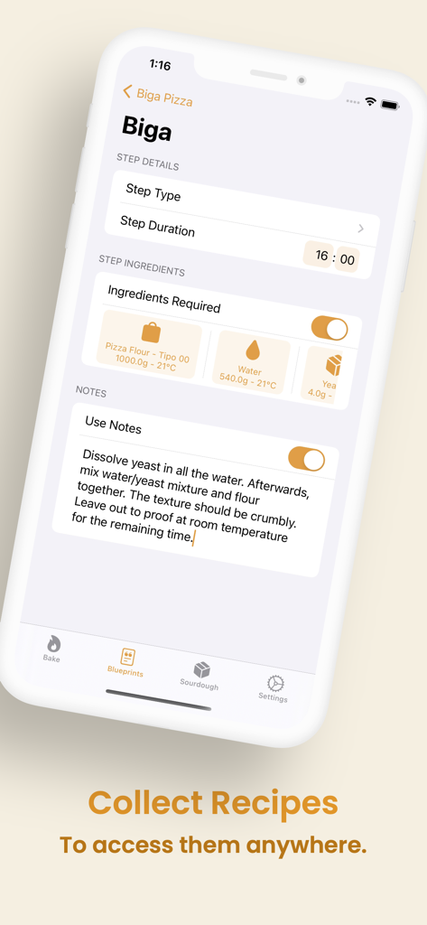 BreadMe - Sourdough planner - A mobile interface of the BreadMe app showing a detailed sourdough recipe step with ingredients and baking notes.
