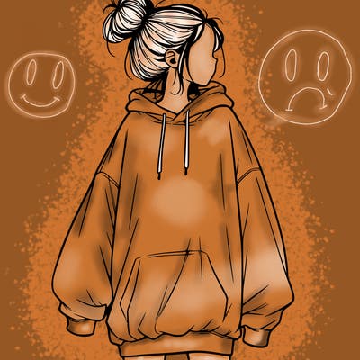 realistic girl with a oversized sweatshirt on and a bun