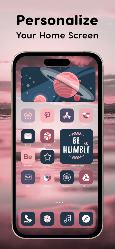 A customized iPhone home screen featuring a pink and purple aesthetic theme with planet widgets and custom icons
