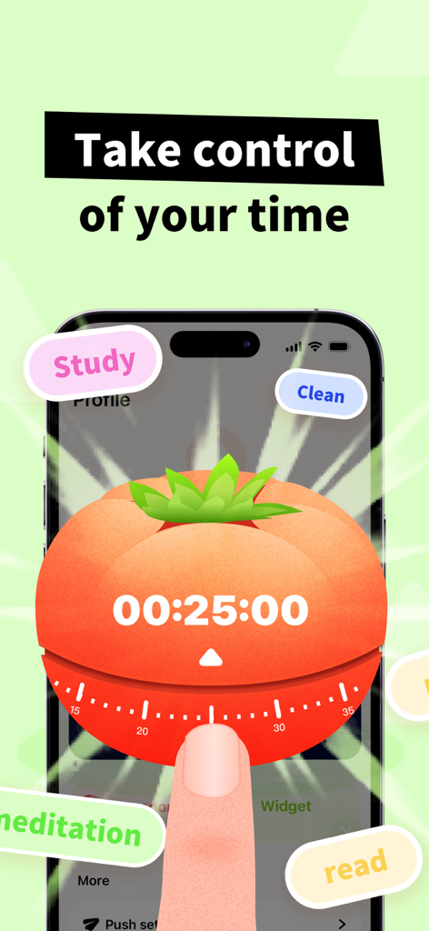 Daily Routine - Planner & Mood - A tomato shaped focus timer interface with labels for study and meditation tasks