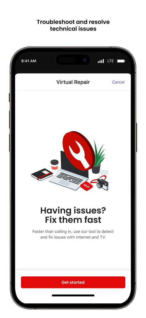 Recurso de Reparo Virtual do aplicativo Minha Conta Virgin Plus para solução de problemas