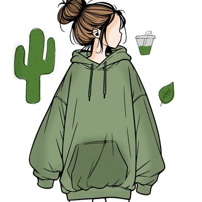 realistic girl with a oversized sweatshirt on and a bun