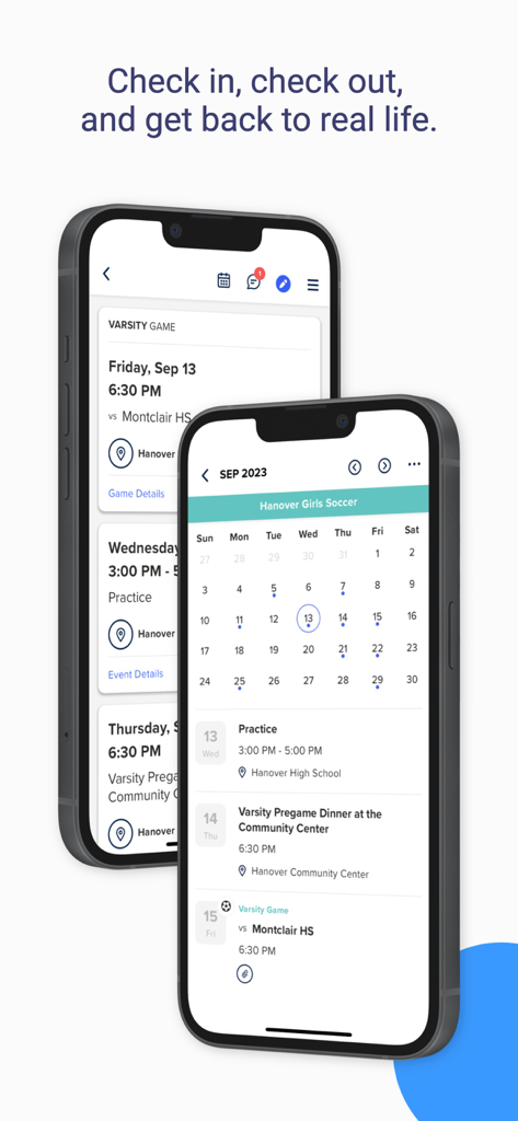 GroupSpot - Two mobile phones showing the GroupSpot app with a calendar and soccer team event schedules