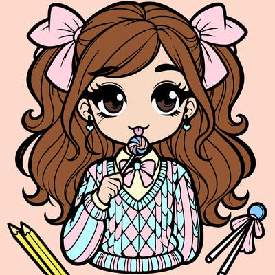cute preppy teenage girl in a sweater eating a lollipop