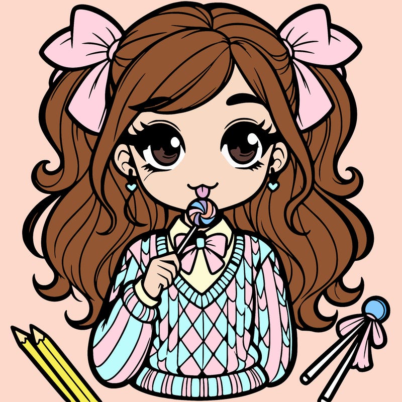 cute preppy teenage girl in a sweater eating a lollipop