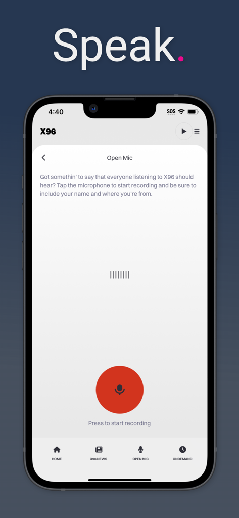 X96 app Open Mic screen featuring a large red record button for listeners to send voice messages to the radio station.