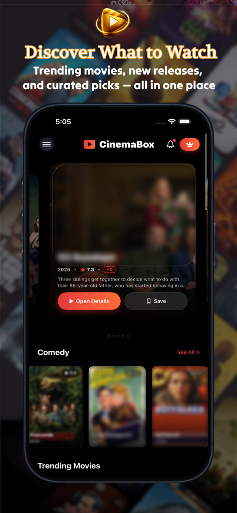 Cinema Box : Movies & Showbox - Cinema Box mobile app interface showing a movie discovery screen with trending titles and category browsing