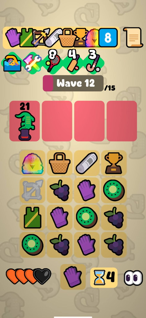 Merge Maestro - A strategic gameplay screen from Merge Maestro showing emoji tokens on a grid during Wave 12.