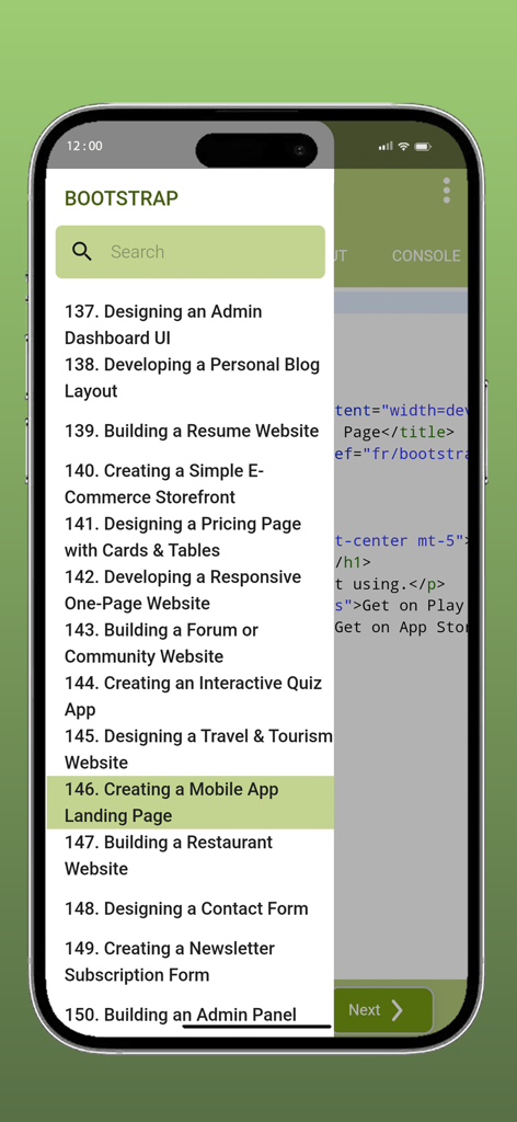HTML Code Play - A list of Bootstrap web development projects and tutorials in the HTML Code Play app menu.