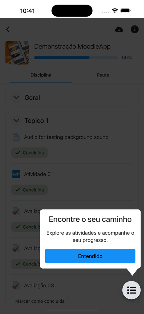 Talento Moodle - Interface of the Talento Moodle app showing a course progress bar and a list of completed activities
